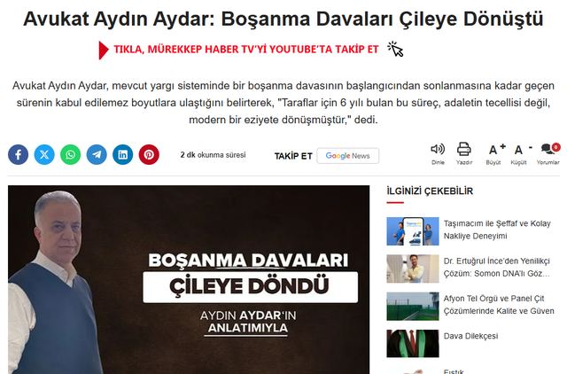 Mürekkep Haber: Avukat Aydın Aydar: Boşanma Davaları Çileye Dönüştü
